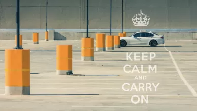 A single car in an empty parking lot full of only bright yellow bollards. A caption on the image reads, "Keep calm and carry on."