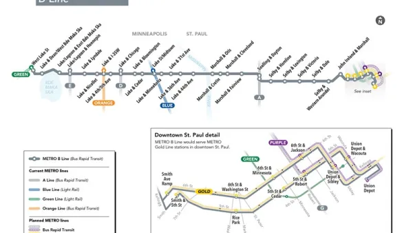 A system map of the B Line shows the route and stops where the bus rapid transit route cuts across Minneapolis and St. Paul, Minnesota.