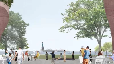 Rendering of pedestrian promenade in Battery Park City with Statue of Liberty visible in background.