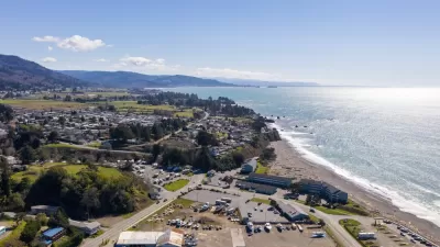 An aerial image of the city of Brookings, Oregon, a small town located on the Pacific Coast.