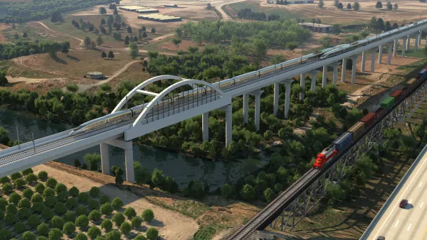 Rendering of California high-speed rail train passing over an elevated viaduct.