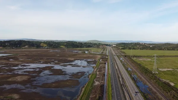 Highway passing through wetlands in Northern California.