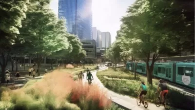 Ai generated image of greenway with transit line adjacent