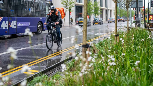 Man in rain gear rides a bicycle on a bike lane lined with grassy landscaping in Cardiff, Wales on a rainy day.