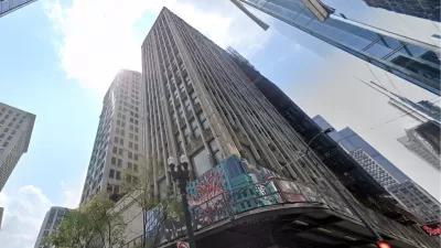 Google street view looking up at historic Chicago skyscrapers.