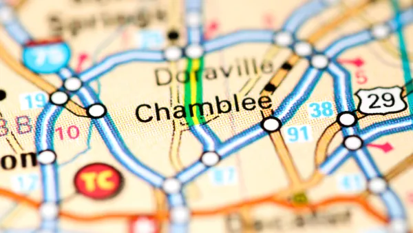 A map depicting the location of Chamblee, Georgia as well as surrounding cities and roads. 