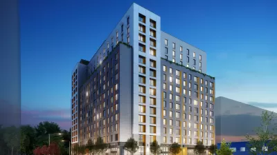 Rendering of 14-story Chestnut Commons building at twilight