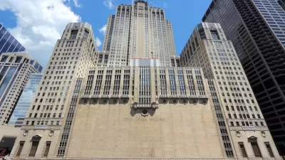 The exterior of the Civic Opera Building in Chicago, an art deco building built in the 1920s.
