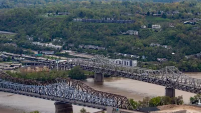 Three bridges span the Ohio River between Covington and Cincinnati.