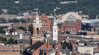 A view over the tops of the historic brick buildings of Cincinnati.