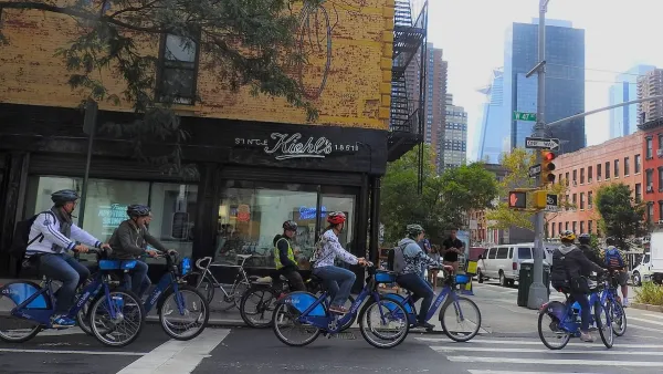 Group of people riding Citibikes in New York City.