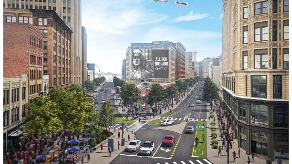 Rendering of protected bike lanes painted green in downtown Cleveland, Ohio with people and cars.