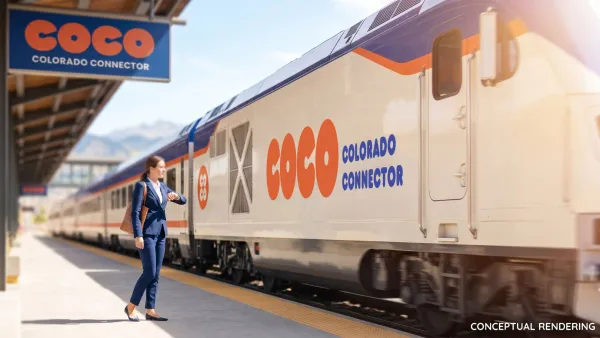 Rendering of 'CoCo' Colorado Connector train with woman standing next to it on platform.