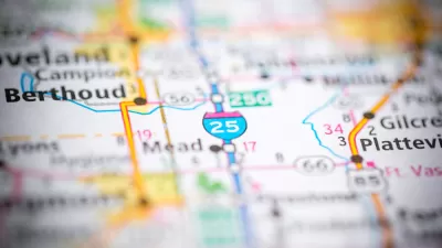 A map of Colorado freeways ad highways and towns, focusing on Interstate 25 in Northern Colorado.