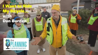 Graphic for The Planning Commission Podcast episode with photo of Dan Burden in safety vest speaking to crowd.
