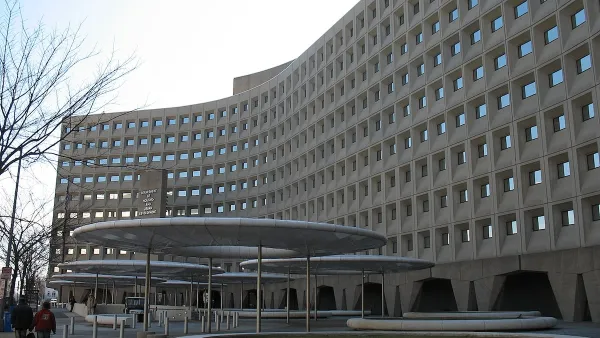 Brutalist grey department of housing and urban development building in Washington DC.