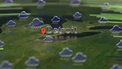 An illustration of rain clouds gathered over the U.S. Midwest, with the city of Detroit called out on the map.