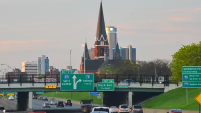 Interstate 375 in Detroit with church in background