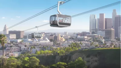 Rendering of aerial gondola passing over Dodger Stadium with L.A. skyline in background