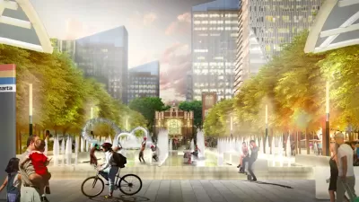 Rendering of pedestrians and cyclists in Hospital Square surrounded by buildings and trees