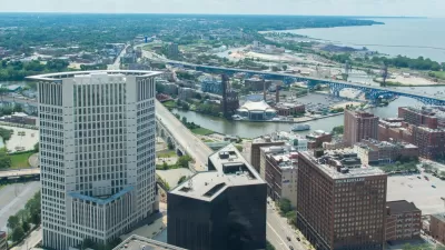 A view of Downtown Cleveland and the Cuyahoga River as pictured from a downtown high-rise building.