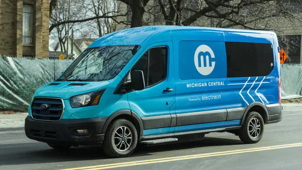 Blue test van for EV charging roadway project in Detroit, Michigan.