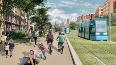 A rendering of the Beltline Streetcar running on a grassy field (with rail tracks) next to a walking and biking path.