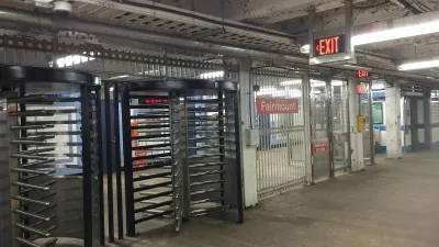 Floor-to-ceiling rotating gates at Fairmount subway station in Philadelphia, Pennsylvania.