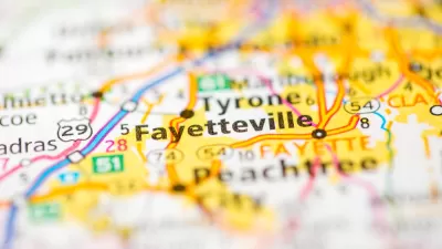 A map with the location fo Fayetteville, Georgia highlighted among surrounding cities and highways.