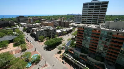 View of Fountain Square in Evanston, Illinois looking south-southeast towards Chicago and Lake Michigan