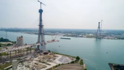 Construction in progress on the Gordie Howe International Bridge above the Detroit River.