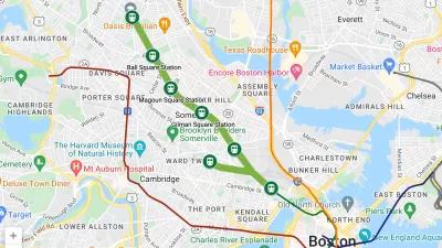A map showing the route of a light rail transit line from Boston up through Somerville and Medford.