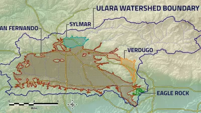 A map showing the extent of the San Fernando Valley Groundwater Basin in the northern reach of the city fo Los Angeles, along with a few other, smaller, adjacent groundwater basins.