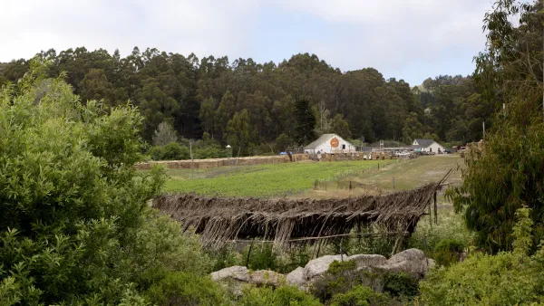 Barn and farm buildings ingreen field in Half Moon Bay, California.