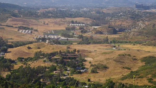 Aerial of Harmony Grove semi-rural community in rolling hills in San Diego County, California.