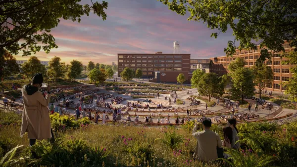 A rendering of a large park space and public theater. 