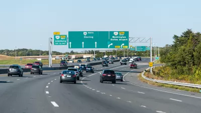 Herndon, USA - October 7, 2020: Sully road 28 multiple lane highway in Northern Virginia with traffic cars and exit sign for Washington Dulles airport, Sterling and Leesburg