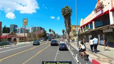 Rendering of protected bike lanes on Hollywood Boulevard in 'Thai Town' area of Los Angeles.