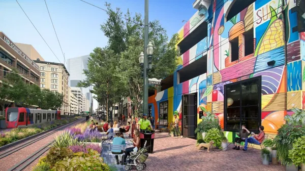 Rendering of pedestrianized area of Main Street in Houston ,Texas with public seating and colorful murals.
