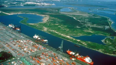 Aerial view of Houston Ship Channel with container ships