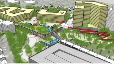 A conceptual rendering of new buildings around the Huntington Metro station in Virginia.