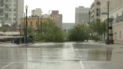 Flooded street and two downed trees with downtown Houston buildings in background