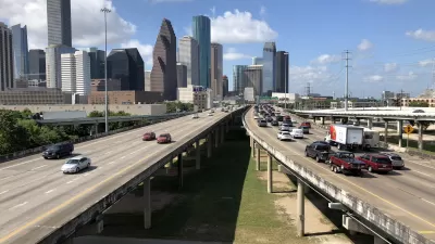 View south along Interstate 45 (North Freeway) from the ramp between westbound Interstate 10 and southbound Interstate 45 in Houston, Harris County, Texas