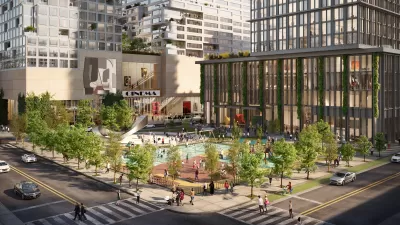 Rendering of Innovation QNS with landscaped open public space on corner and glass-clad building