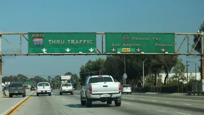 Interstate 605 in Los Angeles with green freeway signs and light traffic
