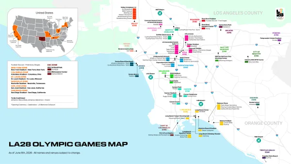 A map of where Olympic Games will be held in LA County.