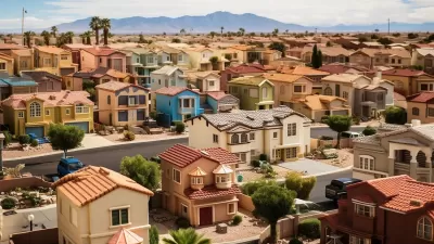 AI-generated image of residential single-family Las Vegas neighborhood with earth-toned Spanish-style two-story homes.