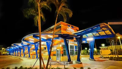 Colorful Lauderhill Transit Center at night.
