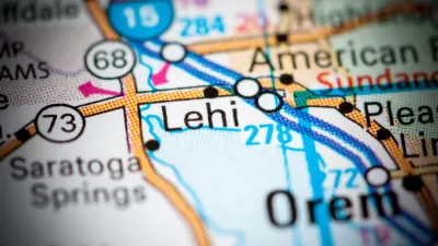 A map focused on the city of Lehi, Utah, showing Interstate 15, which runs through the city.