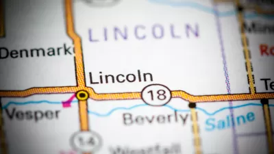 A close up of a map showing the location of Lincoln, Kansas, at the intersection of highways 14 and 18.